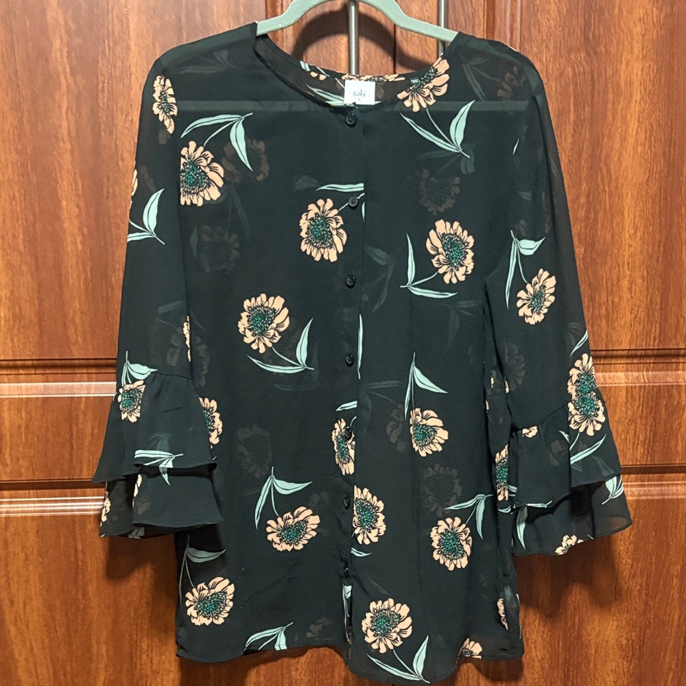 CAbi Black Floral Tiered-Ruffle Blouse with Mint Accents